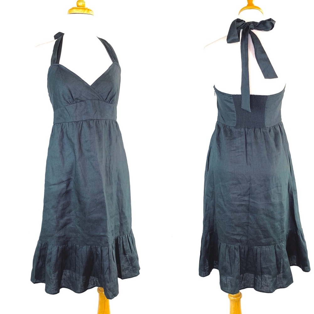 Vintage J. Crew 100% Linen Halter Top Dress Ruffled  lined